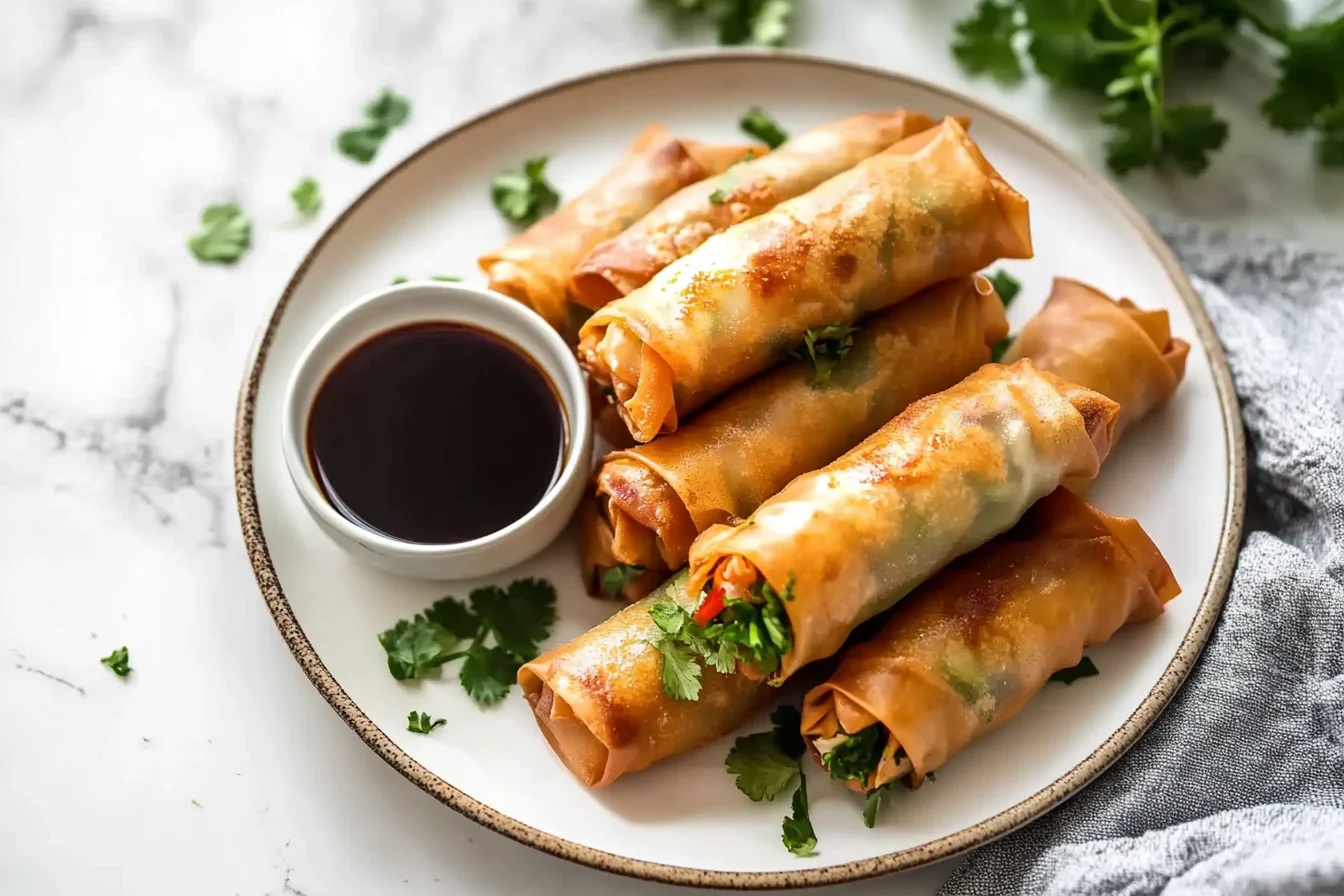 Plate of fresh and fried spring rolls served with dipping sauces, garnished with herbs.