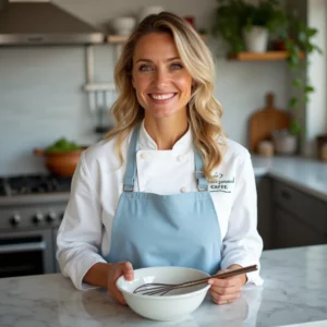 A vibrant Italian woman, aged 40, with blonde hair styled in soft waves, wearing a crisp white chef's jacket with her name embroidered and a light blue apron. She is standing in a bright, modern kitchen, smiling warmly while holding a whisk and a bowl.