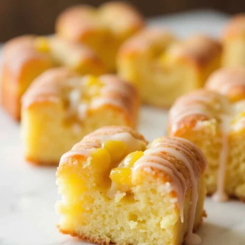 Peach Cobbler Pound Cake Twinkies 5 Close-up of peach cobbler pound cake Twinkies filled with peach compote and drizzled with vanilla glaze