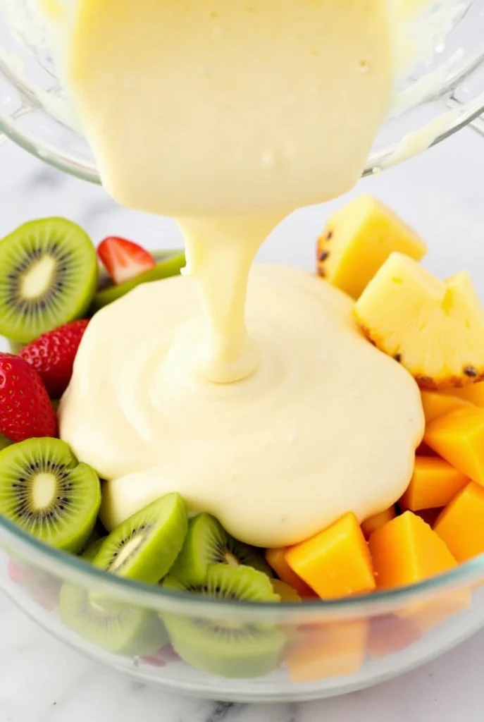 Hawaiian Cheesecake Salad 3 Close-up of Hawaiian Cheesecake Salad with tropical fruits and creamy dressing