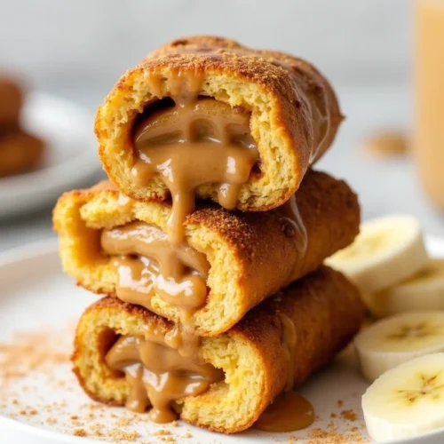 These Peanut Butter Cup French Toast Rolls Are My Love Language 4 Close-up of Peanut Butter Cup French Toast Rolls drizzled with peanut butter and sprinkled with cinnamon sugar