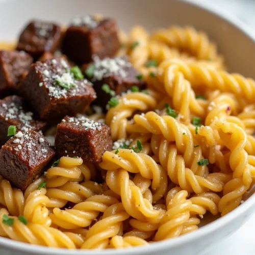 Garlic Butter Steak Bites & Cajun Alfredo Pasta 4 Garlic Butter Steak Bites served over Cajun Alfredo Twisted Pasta in a creamy sauce
