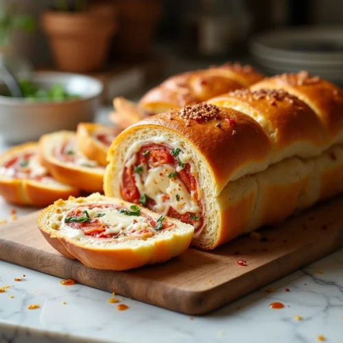 The Cheesy Garbage Bread Delight That Won My Family's Heart 6 Cheesy Garbage Bread Delight sliced and served on a marble surface, with golden crust and melted cheese oozing from the edges