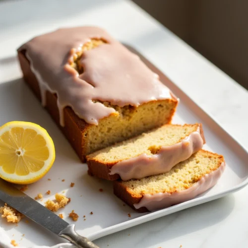 The Lemon Rhubarb Loaf That Brought Back My Grandmother’s Smile 4 Close-up of a moist lemon rhubarb loaf topped with glossy lemon glaze
