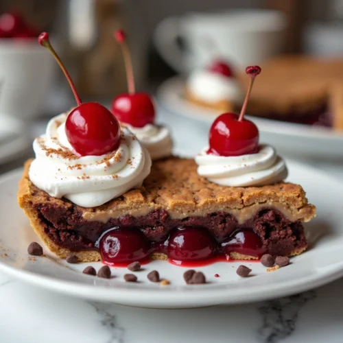 The Chocolate Cherry Pie That Brought My Family Together 4 A close-up slice of creamy no-bake Chocolate Cherry Pie topped with Cool Whip, mini chocolate chips, and a maraschino cherry