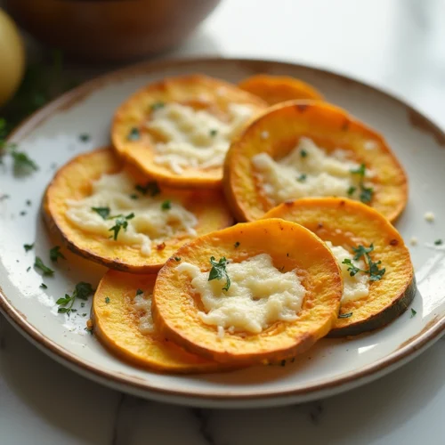 The Day I Fell in Love with Squash Cut Thinly 4 Close-up of squash cut thinly and roasted with golden Parmesan cheese on a baking tray