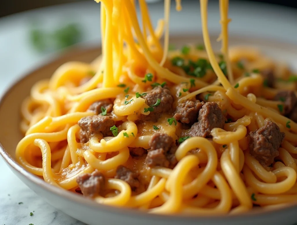 This One-Pan Honey Garlic Steak & Cheddar Pasta Will Steal Your Heart 4 Close-up of cheesy cheddar pasta with juicy honey garlic steak in a creamy one-pan sauce