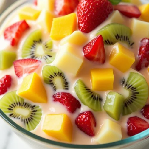 Hawaiian Cheesecake Salad 4 Close-up of Hawaiian Cheesecake Salad with tropical fruits and creamy dressing
