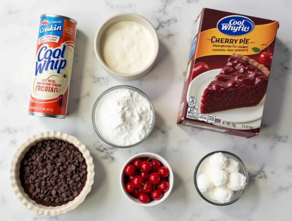 The Chocolate Cherry Pie That Brought My Family Together 2 A close-up slice of creamy no-bake Chocolate Cherry Pie topped with Cool Whip, mini chocolate chips, and a maraschino cherry
