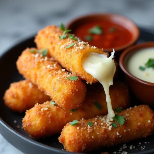 Crispy Mozzarella Sticks with Dips 4 Close-up of crispy mozzarella sticks with marinara and creamy dip