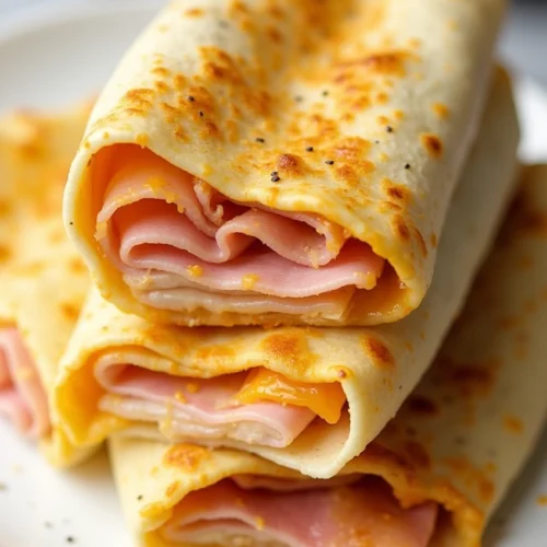 The Air Fryer Chicken Ham and Cheese Wraps That Brought My Kitchen to Life 4 Close-up of crispy air fryer chicken ham and cheese wrap sliced in half on a white plate