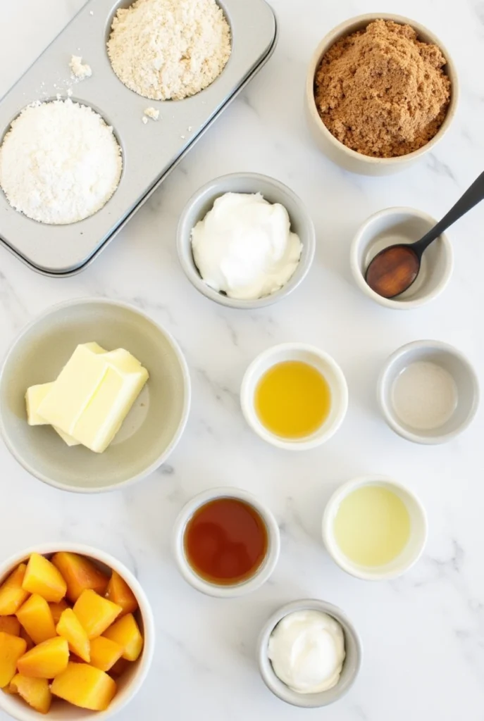 Cobbler Muffins for Every Craving 2 Close-up of golden Cobbler Muffins topped with peach chunks and glaze