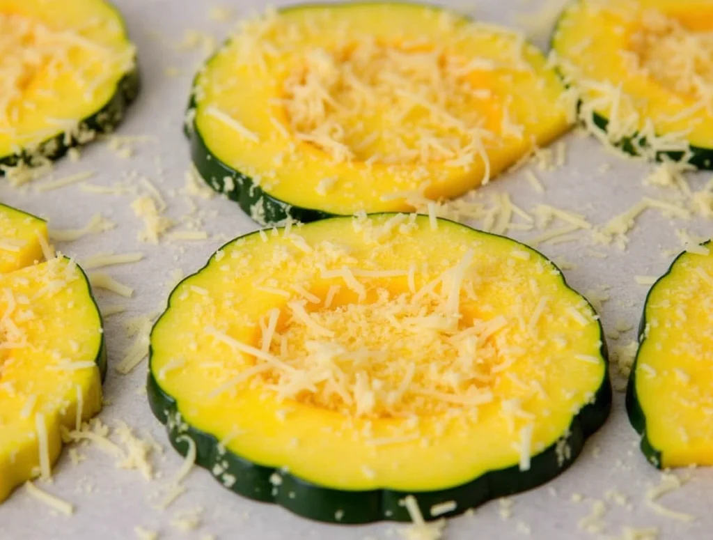 The Day I Fell in Love with Squash Cut Thinly 3 Close-up of squash cut thinly and roasted with golden Parmesan cheese on a baking tray